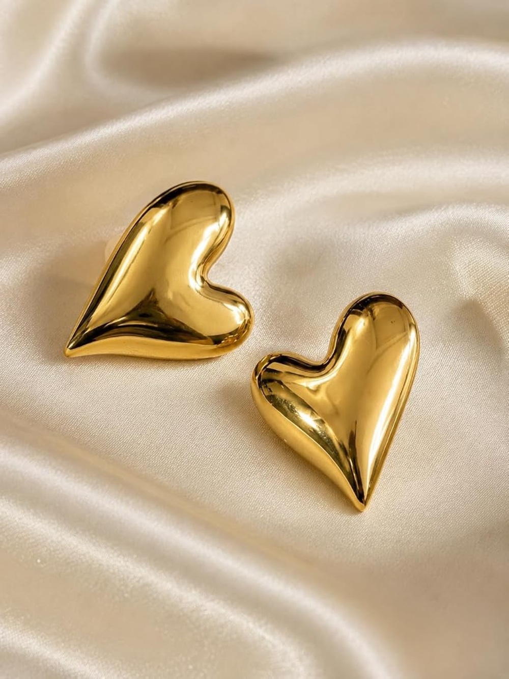 Gold Puffy Heart Stud Earrings 3D Domed Statement
